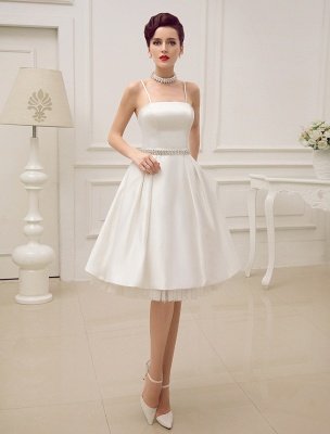 Vintage Spaghetti Straps Backless Satin Short Wedding Dress With Pearls At Waist Exclusive_1