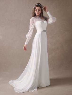 Robes de mariée blanches à manches longues en dentelle en mousseline de soie perles Sash Illusion Beach Robe de mariée avec train exclusif_5