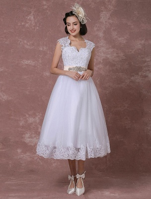 Vintage Wedding Dress Short Lace Tulle Bridal Gown Back Design Tea-Length A-Line Reception Bridal Dress With Rhinestone Detachable Bow Sash Exclusive_4