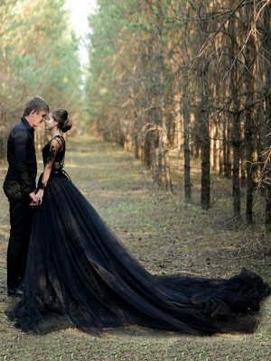 Robes de mariée noires Tulle A-ligne col en V manches longues dos nu taille naturelle dentelle train royal robe de mariée_6