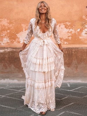 Boho Brautkleid Anzug 2021 V-Ausschnitt Bodenlangen Spitze Mehrschichtiges Brautkleid Kleid und Outfit_3