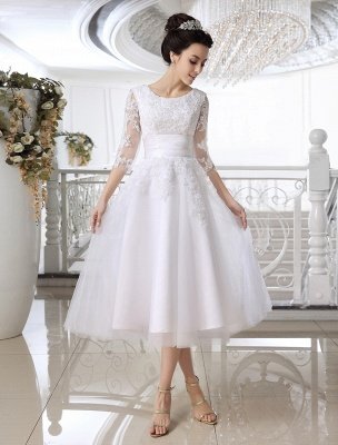 Simple Wedding Dresses 2021 Short Lace Applique Illusion Half Sleeve Tea Length Bridal Dress Exclusive_1