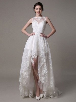 Vestido de novia alto-bajo de encaje 2021 con escote largo y espalda exclusiva_1