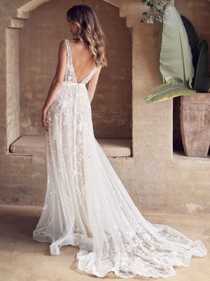 Wedding Dress With Train A Line Sleeveless Lace V Neck Bridal Gowns_3