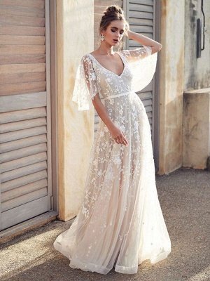 White Lace Wedding Dress V Neck A-Line Wedding Dress Short Sleeves Backless Bridal Dresses_1