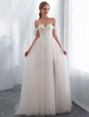 Wedding Dresses Tulle Ivory Off The Shoulder Sweetheart Beach Bridal Dress With Train_1