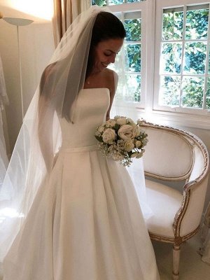 Robes de mariée vintage 2021 sans bretelles en satin une ligne longueur au sol robe de mariée classique avec train_1