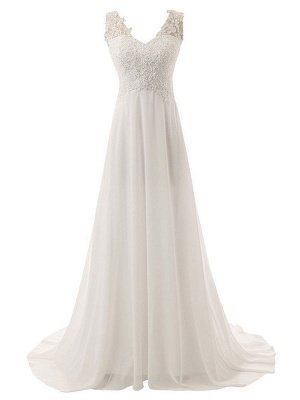 Wedding Dress A Line V Neck Sleeveless Lace Flora Beaded Bridal Dresses With Train_3