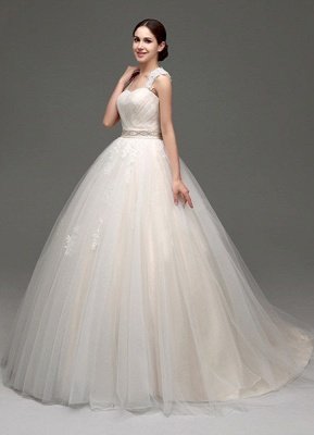 Tulle Cap Sleeves Keyhole Back Robe de mariée princesse avec nœud et ceinture en strass_4