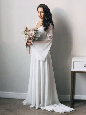 White Simple Wedding Dress With Train A-Line V-Neck Long Sleeves Backless Chains Natural Waist Bridal Gowns_2