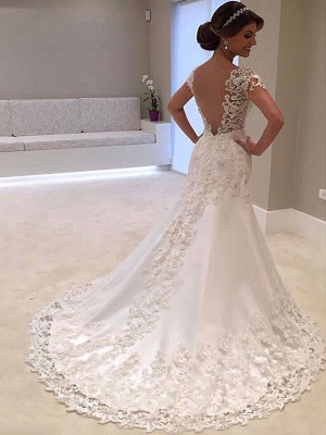 Vestidos de novia 2021 Cuello en V Manga corta Vaina V profundo sin espalda Encaje con cuentas Vestidos de novia con tren_1