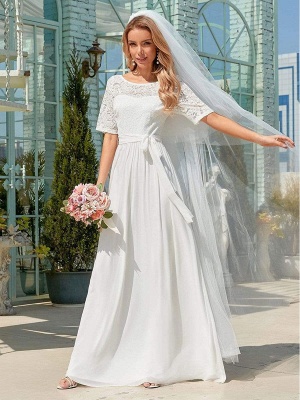 White Simple Wedding Dress Chiffon Jewel Neck Short Sleeves Sash A-Line Long Bridal Gowns_1