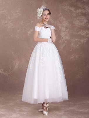 Kurze Brautkleider Schulterfrei Vintage Brautkleid 50er Jahre Spitze Applique Tüll Tee Länge Elfenbein Hochzeitskleid Exklusiv Wedding_3