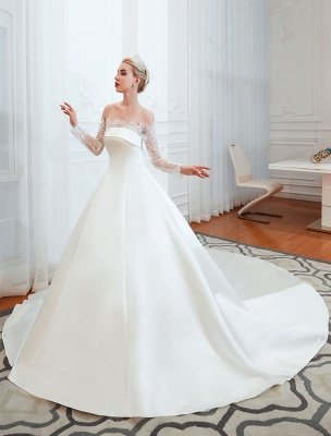 Vestido de novia vintage 2021 Fuera del hombro Manga larga Princesa Satén Hasta el suelo Vestidos de novia con tren_5