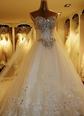 Robes de mariée dentelle appliques robe de mariée sans bretelles décolleté en coeur perlé cathédrale train robe de mariée_2