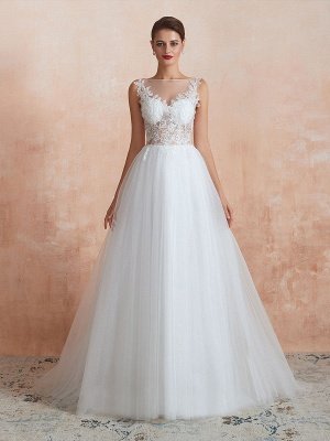 Brautkleid 2021 A Line ärmellose Spitze bodenlangen Tüll Brautkleider mit Zug_1