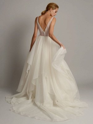 White A-Line Wedding Dresses With Train Sleeveless Backless Natural Waist Tiered V-Neck Long Bridal Dresses_3