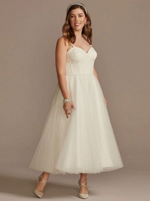 Kurzes Hochzeitskleid Weiß Ärmellos Tee-Länge Herzausschnitt Ärmellos A-Linie Natürliche Taille Tüll Brautkleider_1