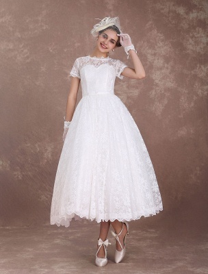 Lace Wedding Dresses Short Sleeve 1950'S Vintage Bridal Dress Sweetheart Illusion Ivory A Line Tea Length Wedding Reception Dress Exclusive_3