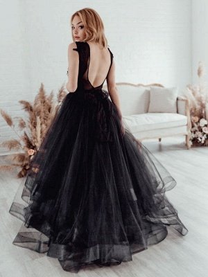 Black Bridal Dress A-Line Illusion Neckline Sleeveless Backless Applique Floor-Length Lace Tulle Bridal Gowns_5