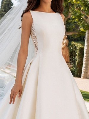 Ivory Wedding Dresses A Line With Chapel Train Sleeveless Lace High Collar Bridal Gowns_3