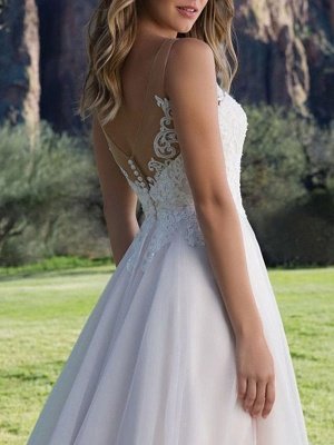 Wedding Dress A Line V Neck Sleeveless Lace Beach Party Bridal Gowns With Train_4
