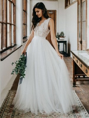 Simple Wedding Dress Tulle A Line V Neck Sleeveless Lace Floor Length Bridal Dresses_3