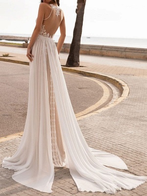 Ivory Wedding Dresses A Line With Court Train Sleeveless Applique Illusion Neckline Bridal Gowns_2