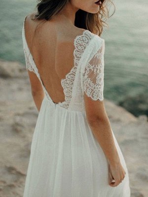 Einfache Hochzeitskleid A-Linie Jewel Neck Spitze Kurzarm Bodenlangen Chiffon Strandhochzeit Brautkleider_8