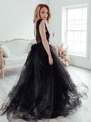 Black Bridal Dress A-Line Illusion Neckline Sleeveless Backless Applique Floor-Length Lace Tulle Bridal Gowns_3