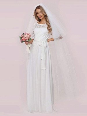 Robe de mariée simple blanche en mousseline de soie col bijou manches courtes ceinture une ligne longues robes de mariée_6