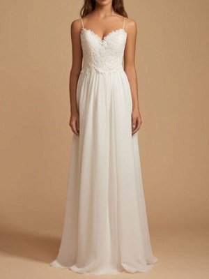 Simple Wedding Dress 2021 A Line V Neck Straps Sleeveless Lace Chiffon Bridal Dresses With Train For Beach Party_1