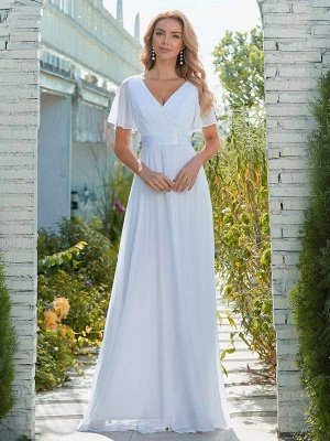 Robe de mariée simple en mousseline de soie col en V manches courtes dos nu A-ligne longues robes de mariée_1