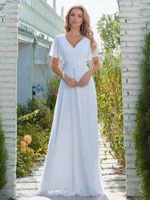 Einfaches Brautkleid Chiffon V-Ausschnitt Kurze Ärmel Rückenfrei A-Linie Lange Brautkleider_1