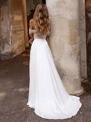 Weißes einfaches Hochzeitskleid Satin Stoff Trägerlos Ärmellos Ausgeschnitten A-Linie Schulterfrei Lange Brautkleider_5