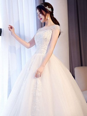 Robes de mariée princesse dentelle robes de bal perlées robe de mariée longueur au sol sans manches_5