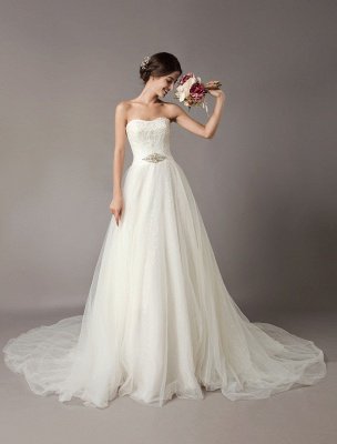 Wedding Dresses Ivory Strapless Lace Beaded Chapel Train Bridal Gowns_1