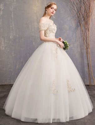 Princess Wedding Dress Ivory Lace Applique Off The Shoulder Short Sleeve Bridal Gown_4