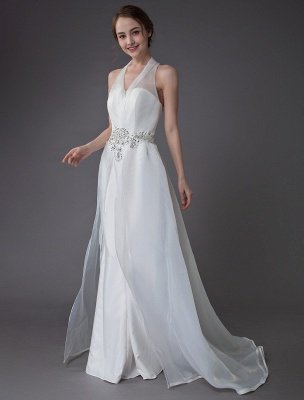 Ivory Wedding Jumpsuits Halter V Neck Rhinestones Backless Culottes Bridal Dress Exclusive_5