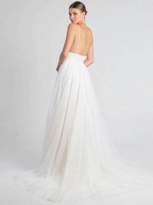 Robe de mariée blanche sans manches à col en V avec train taille naturelle dos nu longues robes de mariée_5