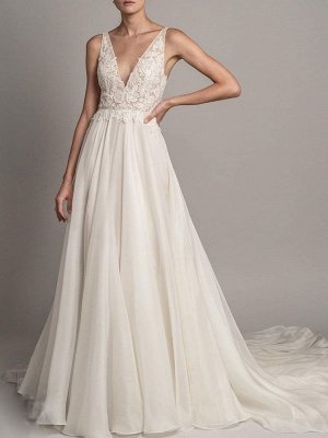 Einfaches Brautkleid 2021 A-Linie V-Ausschnitt Ärmellose Perlen Brautkleider mit Zug_1