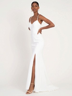 White Simple Wedding Dress Mermaid V-Neck Sleeveless Spaghetti Straps Natural Waist Satin Fabric Split Front Bridal Gowns_3