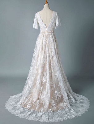 Einfaches Hochzeitskleid 2021 V-Ausschnitt A-Linie Kurzarm Tiefes V Backless Lace Brautkleider_6