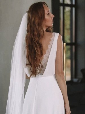 Robe de mariée blanche simple avec train col en V sans manches dos nu dentelle A-ligne robes de mariée en mousseline de soie_5