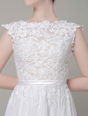 Chiffon Wedding Dress Bateau Lace Satin Sash Floor Length A Line Summer Bridal Dress_4
