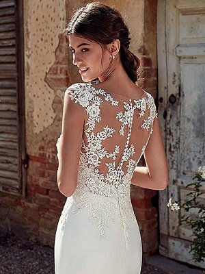 Vestido de novia blanco simple Gasa blanca Escote de ilusión Sin mangas Tren de la corte Apliques Vestidos de novia con vaina_4