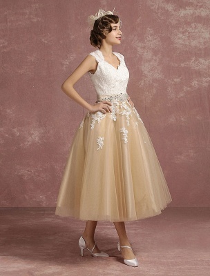 Vintage Wedding Dress Short Champagne Lace Applique Bridal Gown Queen Anne Neck Keyhole Bridal Dress Tea Length Exclusive_6