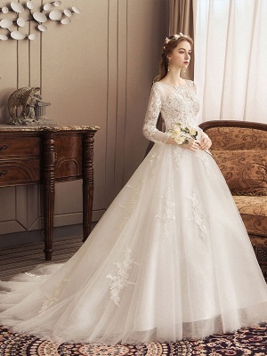 Ivory Wedding Dresses Lace Applique Jewel Neck 3/4 Length Sleeve Princess Bridal Gown With Train_1