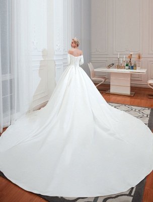 Robe de mariée vintage 2021 Satin manches 3/4 hors de l'épaule longueur de plancher robes de mariée avec train chapelle_3
