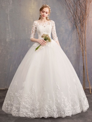 Princess Wedding Dresses Lace Illusion Neckline Half Sleeve Floor Length Bridal Gown_3
